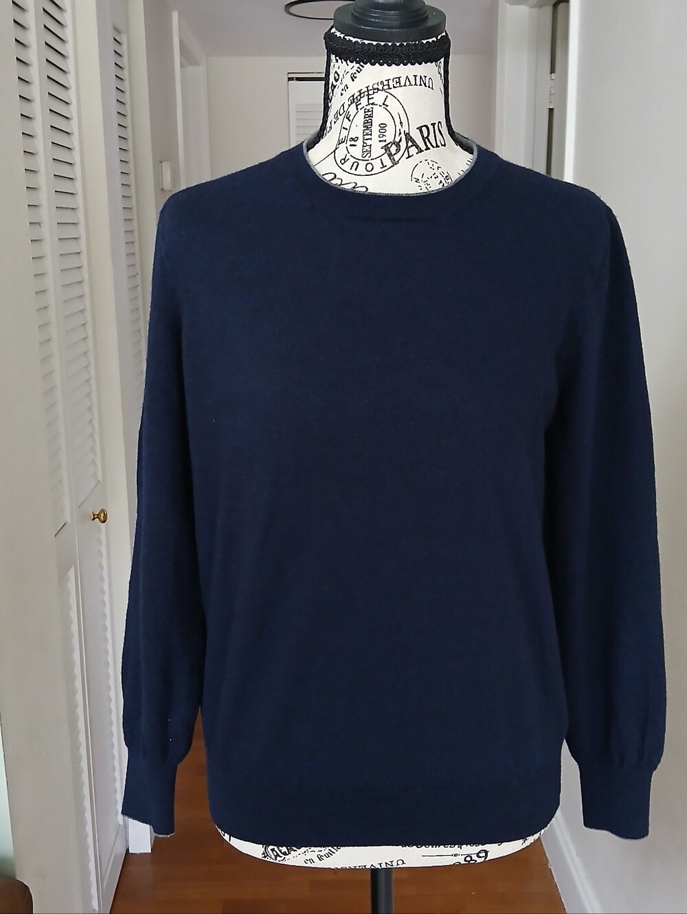 Brunello Cucinelli Men's Navy Sweater with Brown Elbow Patches - Picture 2 of 8